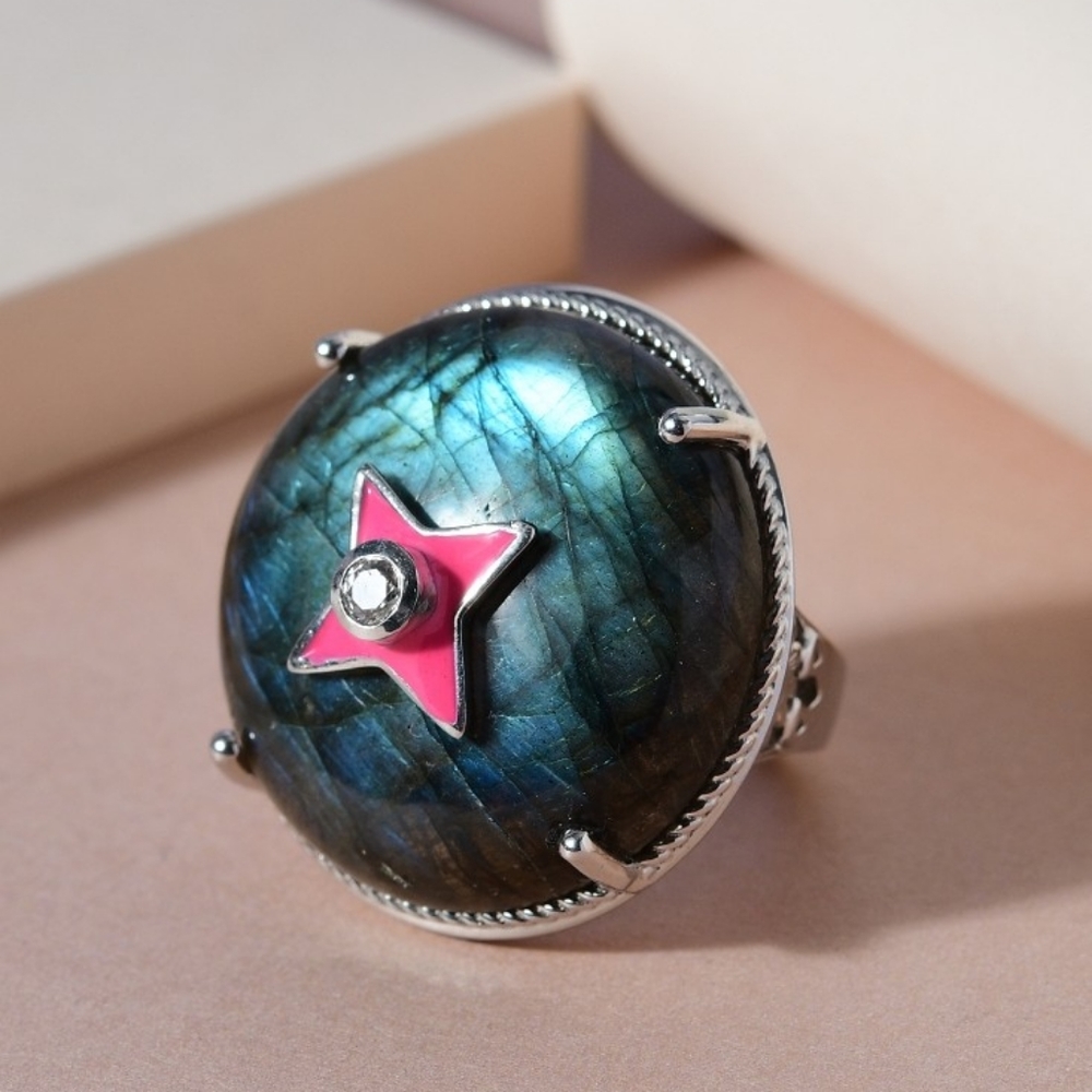*Sold* NEW Malagasy Labradorite & Natural White Zircon Ring Size 10